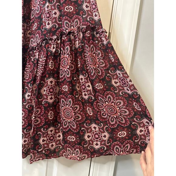 Cara Cara Burgundy Floral Print Tiered Midi Dress With Ruched Sleeves Size Large - Picture 8 of 9